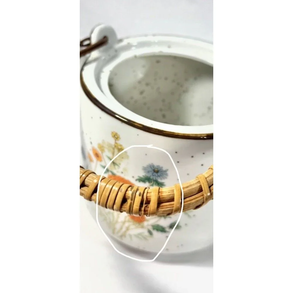 Vintage Speckled Ceramic Teapot Bamboo Handle Hand Painted Flowers Japan